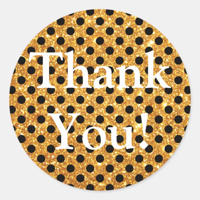 Gold Glitter Black Polka Dots Thank You Classic Round Sticker (Front)