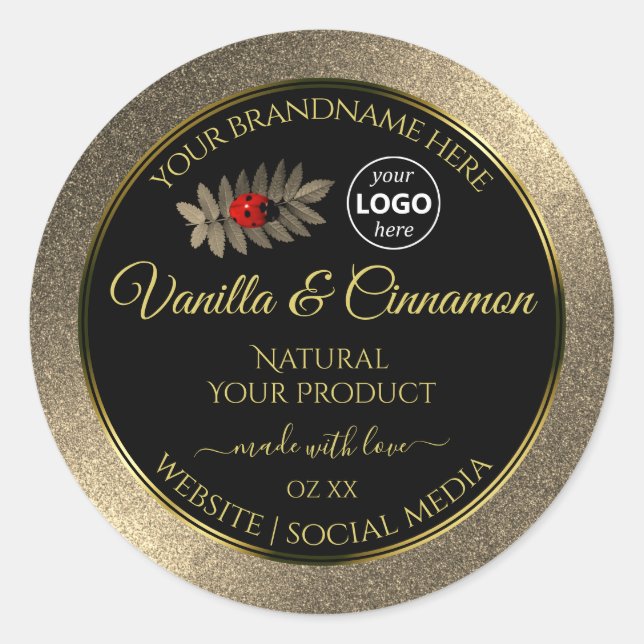 Gold Glitter Black Product Labels Ladybug Add Logo (Front)