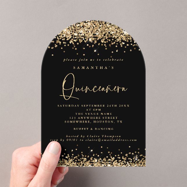 Gold Glitter Black Quinceanera Birthday Party Acrylic Invitations (Insitu (Handheld))