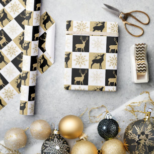 Gold Glitter Black Reindeer Snowflakes Chequered Wrapping Paper