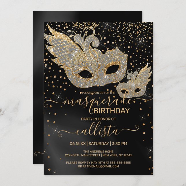 Gold Glitter Black Silk Masquerade Birthday Invita Invitation (Front/Back)