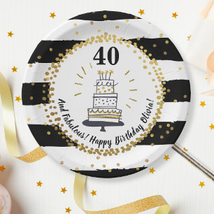 Gold Glitter Black Stripes Any Age Happy Birthday Paper Plate
