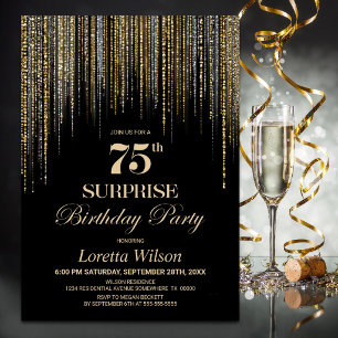 Gold Glitter Black Surprise 75th Birthday Party Invitation