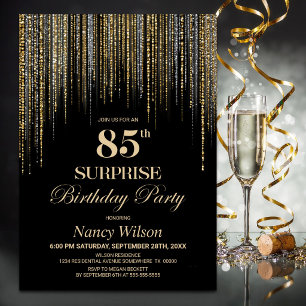Gold Glitter Black Surprise 85th Birthday Party Invitation