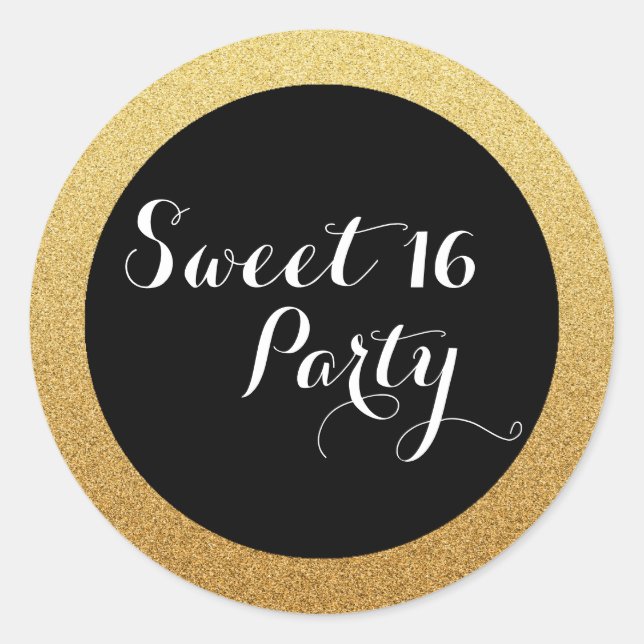 Gold Glitter Black Sweet 16 Favour Seal Sticker (Front)
