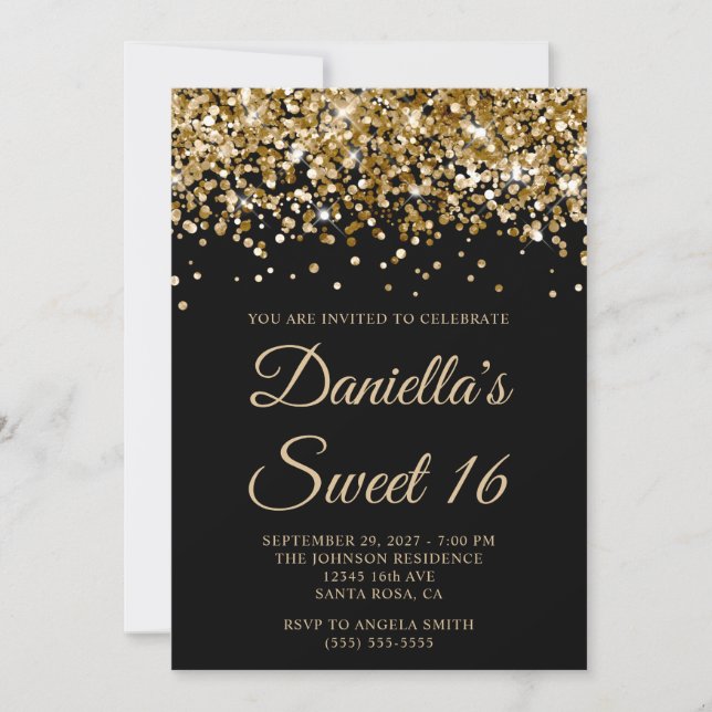 Gold Glitter Black Sweet 16 Invitation (Front)