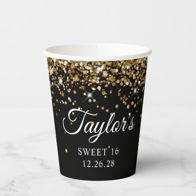 Gold Glitter Black Sweet 16 Paper Cups (Left)