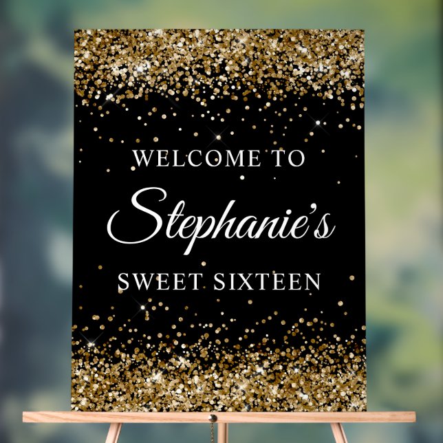 Gold Glitter Black Sweet Sixteen Welcome Acrylic Sign (Neutral)