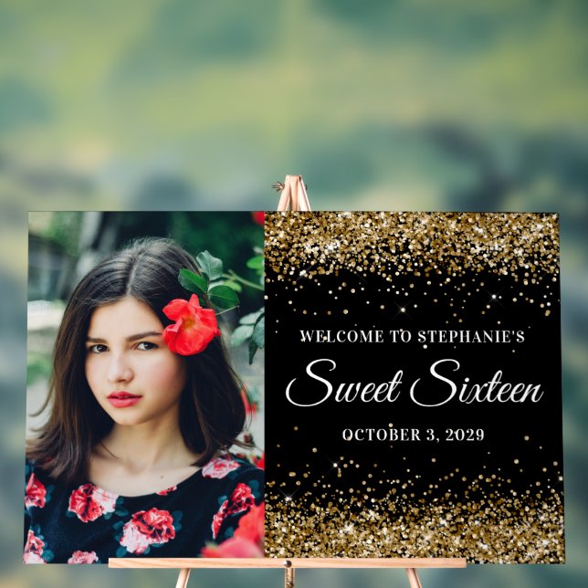 Gold Glitter Black Sweet Sixteen Welcome Big Acrylic Sign (Neutral)