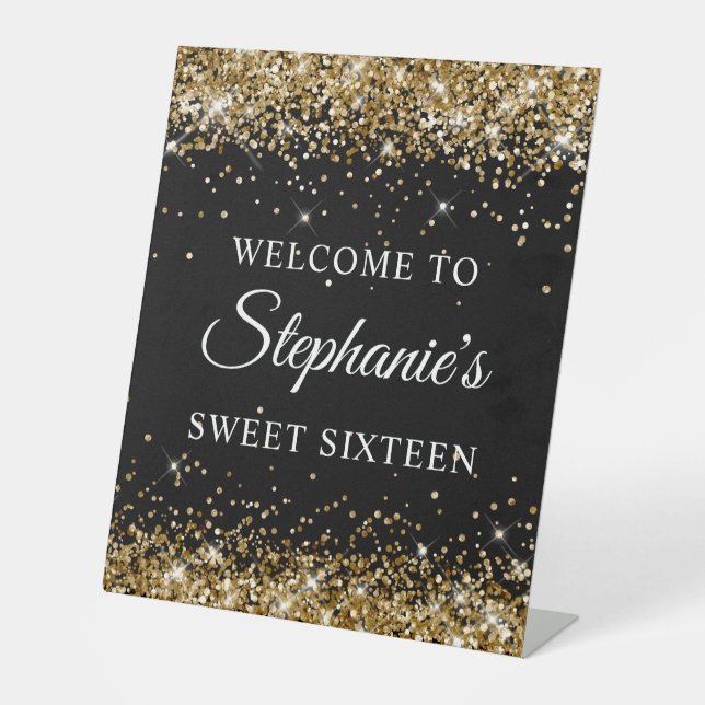 Gold Glitter Black Sweet Sixteen Welcome Pedestal Sign (Front)