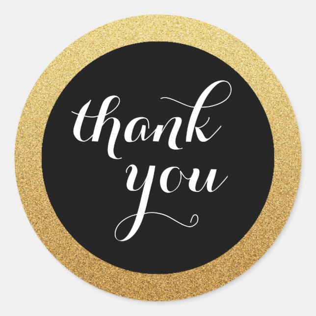 Gold Glitter Black Thank You Favour Sticker (Front)