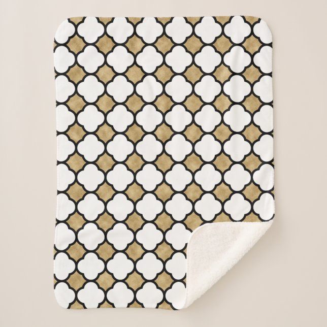 Gold Glitter Black White Geometric Quatrefoil Sherpa Blanket (Front)