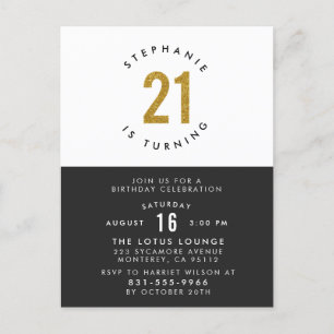 Gold Glitter Black White & Gold 21st Birthday Invitation Postcard