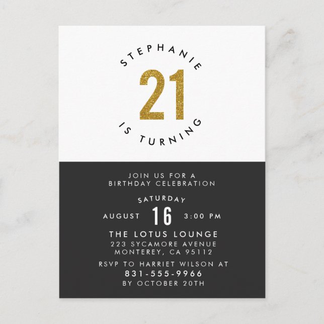 Gold Glitter Black White & Gold 21st Birthday Invitation Postcard (Front)