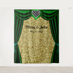 Gold Glitter Black & White Heart Green Curtain Tapestry