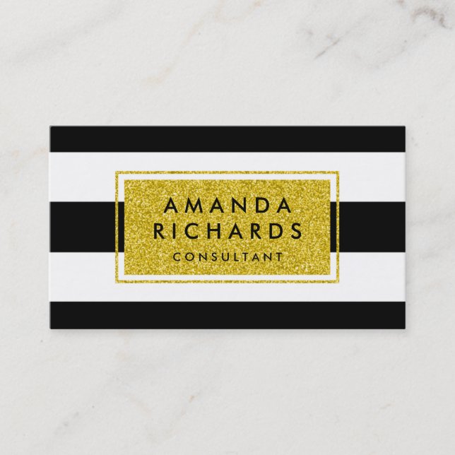 Gold Glitter Black White Stripes Business Card (Front)
