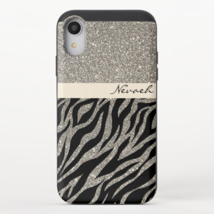 Gold Glitter Bling Beige Zebra Pattern Custom Name iPhone XR Slider Case