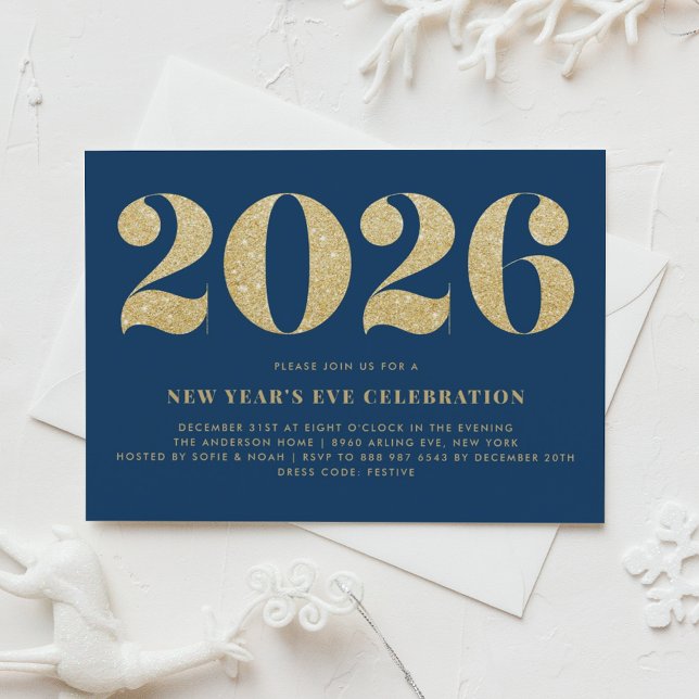 Gold Glitter Blue 2024 New Year's Eve Party Invitation (Customizable 2026 New Year's Eve party invitation featuring faux gold glitter on blue background.)