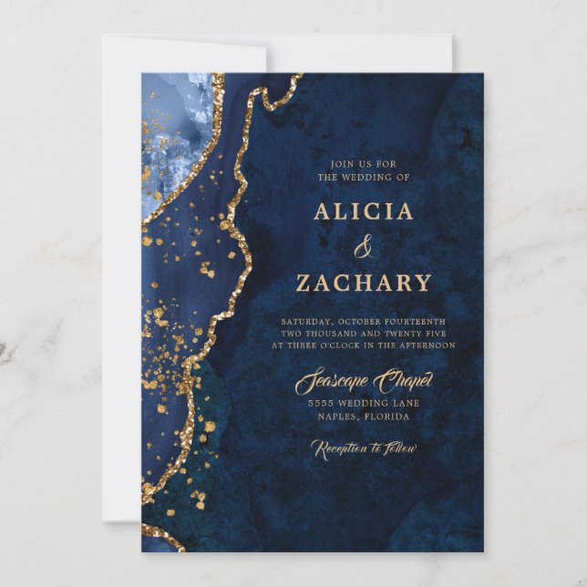 Gold Glitter Blue Agate Wedding Invitation (Front)
