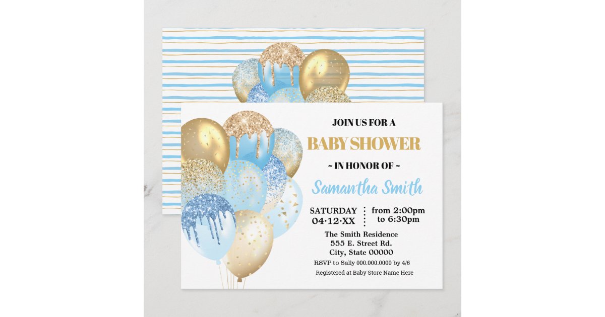 Gold glitter blue Balloons boy baby shower Invitation | Zazzle