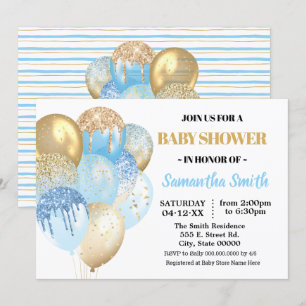 Gold glitter blue Balloons boy baby shower Invitation