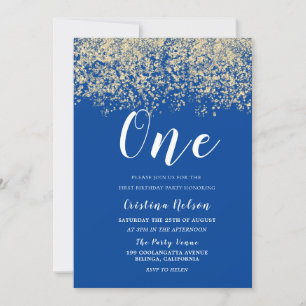 Gold Glitter Blue Boys 1st Birthday Party Invitation