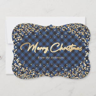 Gold Glitter Blue Buffalo Plaid Christmas Cards