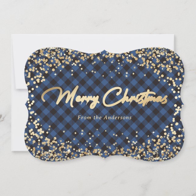 Gold Glitter Blue Buffalo Plaid Christmas Cards (Front)