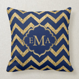 Gold Glitter Blue Chevron Zigzag Pattern Monogram Cushion