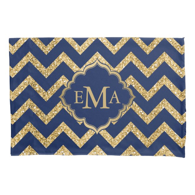 Gold Glitter Blue Chevron Zigzag Pattern Monogram Pillowcase (Front)
