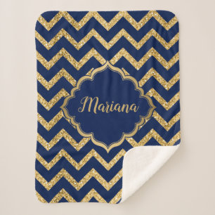 Gold Glitter Blue Chevron Zigzag Pattern Sherpa Blanket