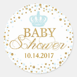 Gold Glitter Blue Crown Royal Prince Baby Shower Classic Round Sticker