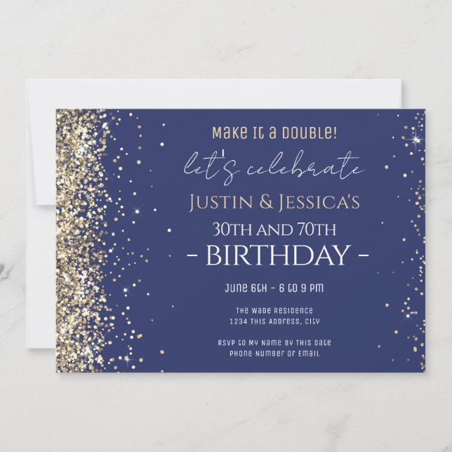 Gold Glitter Blue Double Birthday Party  Invitatio Invitation (Front)