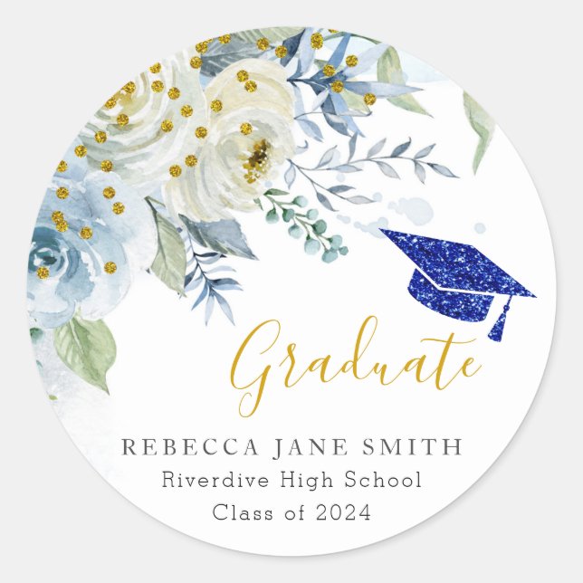 Gold Glitter Blue Floral Graduation Sticker (Front)