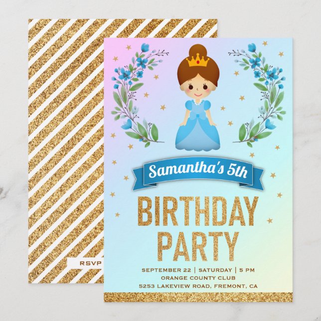 Gold Glitter Blue Floral Princess Birthday Party Invitation (Front/Back)