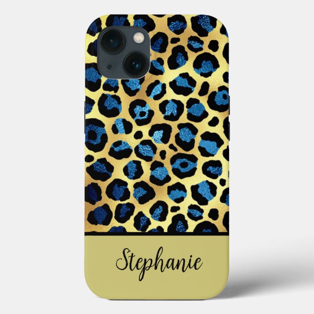 Gold Glitter Blue Leopard Print Name Case-Mate iPhone Case (Back)