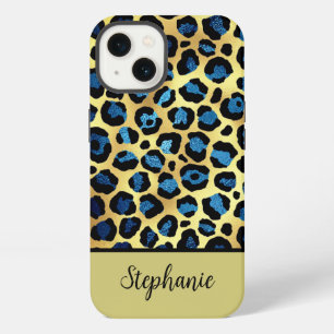 Gold Glitter Blue Leopard Print Name iPhone 13 Case