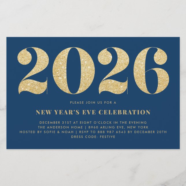 Gold Glitter Blue New Year's Eve Party Invitation (Front)