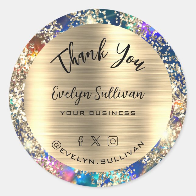 Gold Glitter Blue Opal Thank You  Classic Round Sticker (Front)