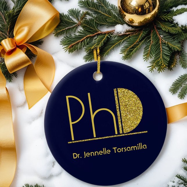 Gold Glitter Blue PhD Graduation Ceramic Tree Decoration (Get this keepsake ornament for your PhD graduate.)