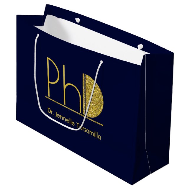 Gold Glitter Blue PhD Graduation Large Gift Bag (Front Angled)