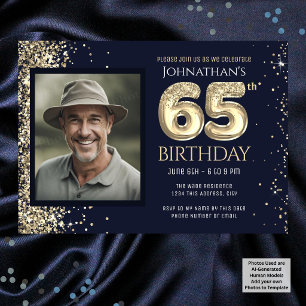Gold Glitter Blue Photo 65th Birthday Party Invitation