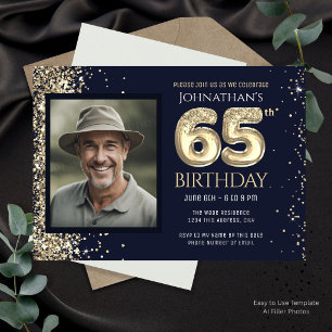 Gold Glitter Blue Photo 65th Birthday Party Invitation