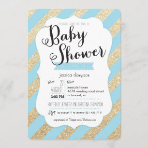 Gold Glitter & Blue Stripes Baby Boy Shower Invite