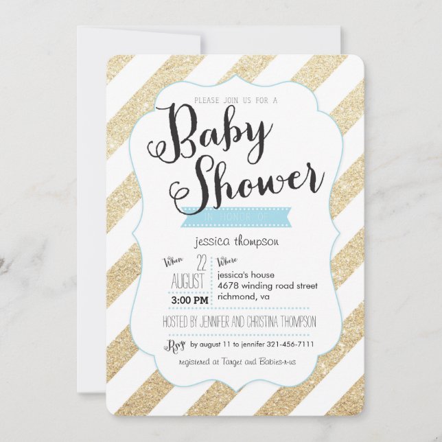 Gold Glitter & Blue Stripes Baby Shower Invite (Front)