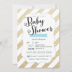 Gold Glitter & Blue Stripes Baby Shower Invite