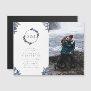Gold Glitter & Blue Wreath Monogram Wedding Photo Magnetic Invitation