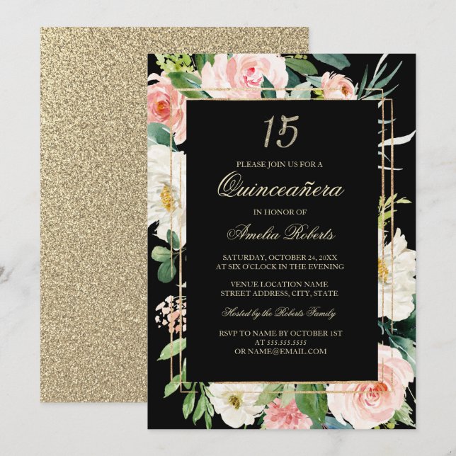 Gold Glitter Blush Black Floral Quinceanera Invitation (Front/Back)