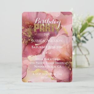 Gold Glitter Blush Burgundy Flowers Birthday Invitation