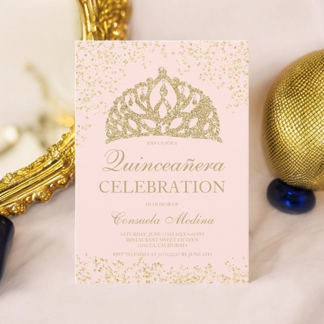 gold glitter blush crown tiara Quinceañera Invitation (gold glitter blush crown tiara Quinceañera Invitation)